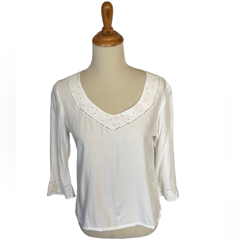 Orvis Lightweight White Embroidered Eyelet Bohemian Crop Top Rayon/Viscose